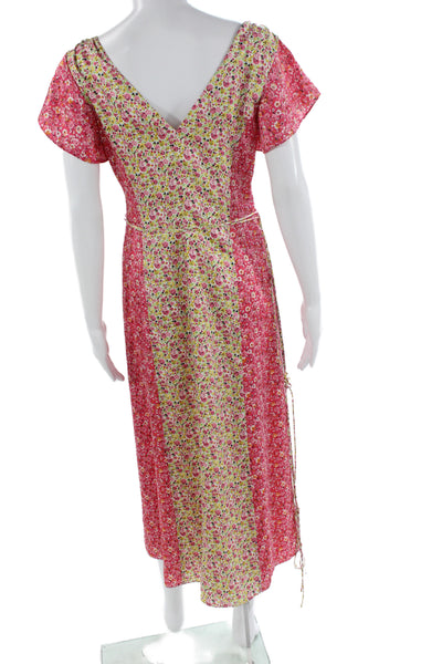 Cinq à Sept Women Maxi Sundress Pink Floral V-Neck Short Sleeve Size 2
