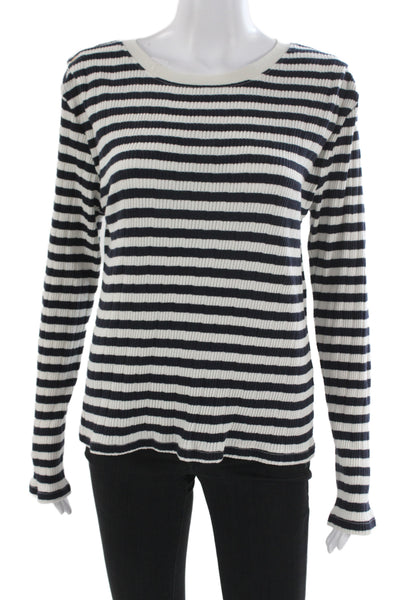 Nation Los Angeles Womens Black Striped Cotton Long Sleeve Crew Neck Top Size L