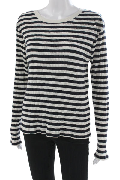 Nation Los Angeles Womens Black Striped Cotton Long Sleeve Crew Neck Top Size L