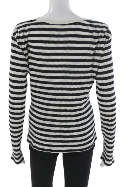 Nation Los Angeles Womens Black Striped Cotton Long Sleeve Crew Neck Top Size L
