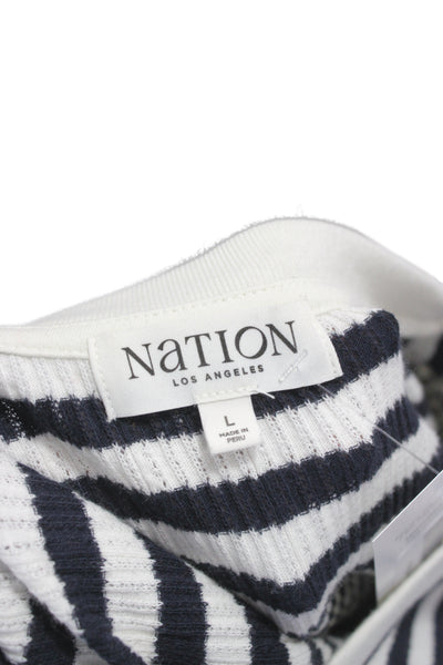 Nation Los Angeles Womens Black Striped Cotton Long Sleeve Crew Neck Top Size L