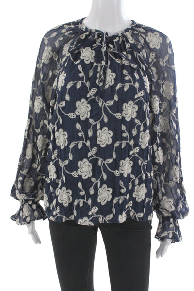 Ramy Brook Womens Blouse Dark Blue Floral Tie Neck Long Sleeve Cotton Size M