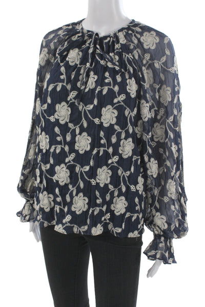 Ramy Brook Womens Blouse Dark Blue Floral Tie Neck Long Sleeve Cotton Size M