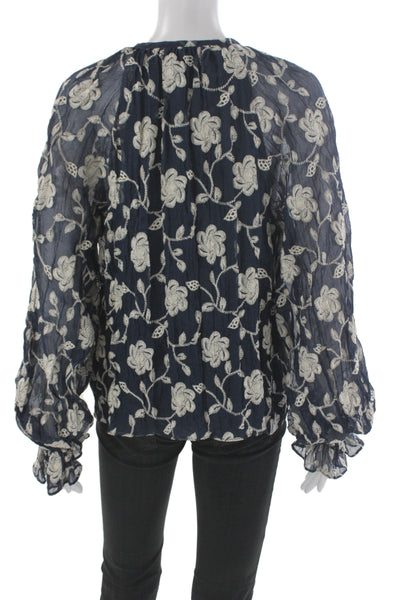 Ramy Brook Womens Blouse Dark Blue Floral Tie Neck Long Sleeve Cotton Size M