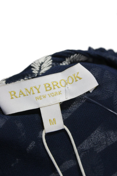 Ramy Brook Womens Blouse Dark Blue Floral Tie Neck Long Sleeve Cotton Size M