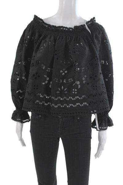 Cynthia Rowley Womens Black Linen Bohemian 3/4 Sleeve Blouse Size L