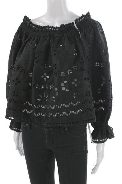 Cynthia Rowley Womens Black Linen Bohemian 3/4 Sleeve Blouse Size L