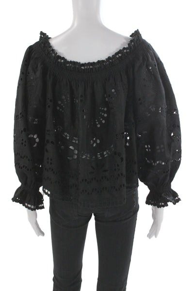 Cynthia Rowley Womens Black Linen Bohemian 3/4 Sleeve Blouse Size L