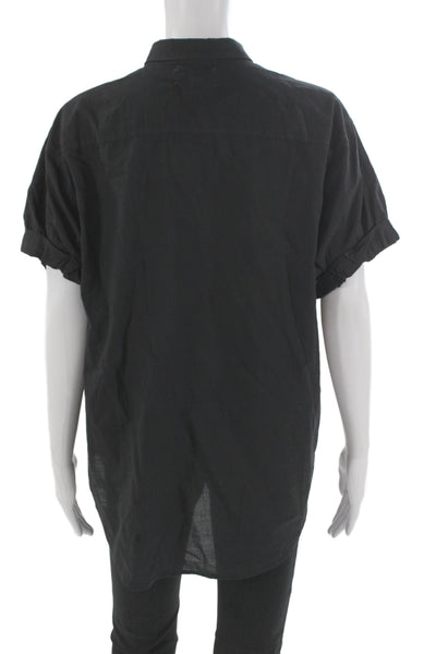 Xirena Womens Basic Collared Short Sleeve Button Up Black Cotton Top Size S