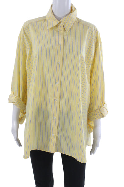 Zara Women Striped Collared Button Up Long Sleeve Yellow Cotton 90s Size L