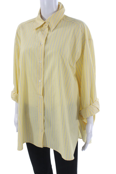 Zara Women Striped Collared Button Up Long Sleeve Yellow Cotton 90s Size L