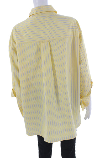 Zara Women Striped Collared Button Up Long Sleeve Yellow Cotton 90s Size L