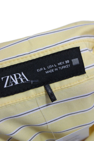 Zara Women Striped Collared Button Up Long Sleeve Yellow Cotton 90s Size L