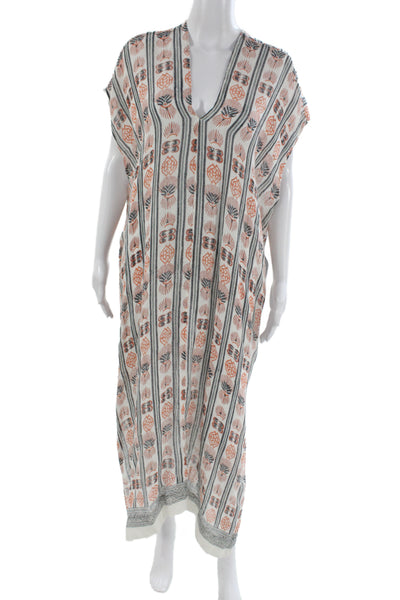Roller Rabbit Women Kaftan White Linen V-Neck Floral Size One Size
