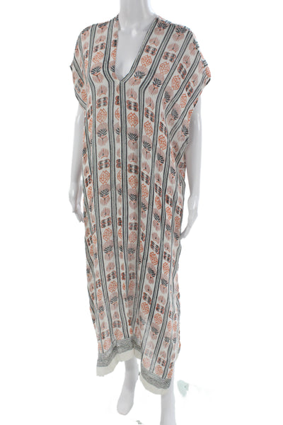 Roller Rabbit Women Kaftan White Linen V-Neck Floral Size One Size