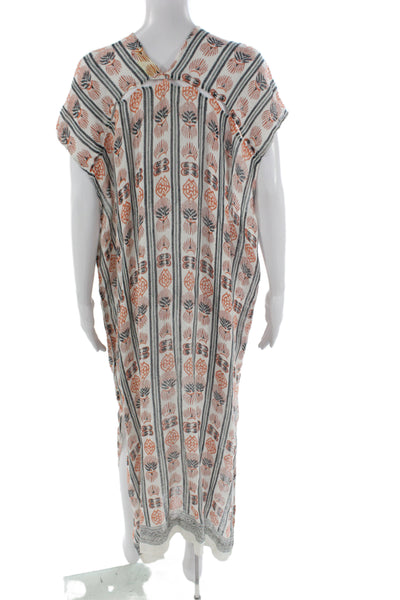 Roller Rabbit Women Kaftan White Linen V-Neck Floral Size One Size