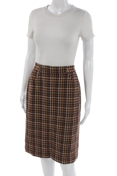 David Meister Women Brown Check Wool Blend Pencil Skirt Size 12
