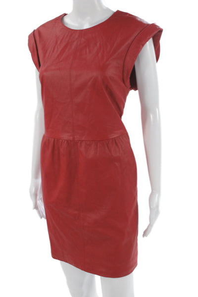 Rachel Zoe Womens Sheath Mini Leather Dress Red Round Neck Knee Length Size 6