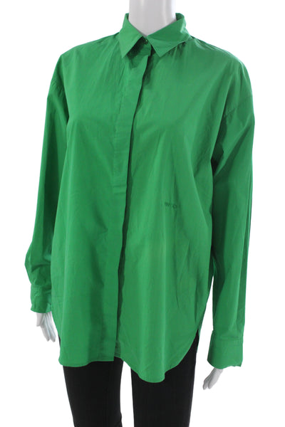 Pinko Women Green Collared Button-Up Long Sleeve Cotton Basic Top Size 4