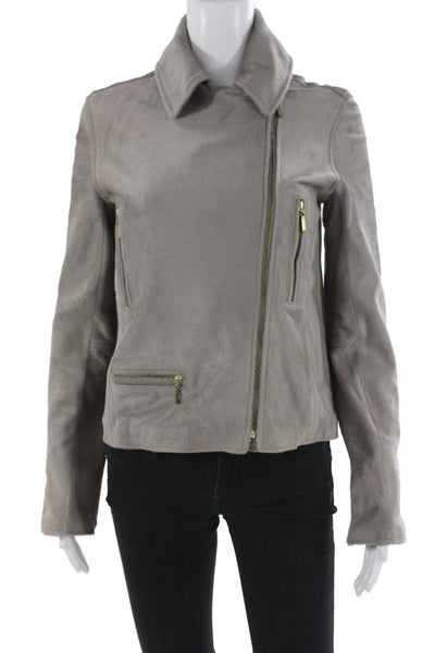 Marchesa Voyage Womens Biker Motorcycle Suede Jacket Gray Collared Zip Size S