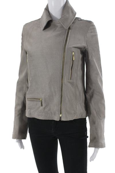 Marchesa Voyage Womens Biker Motorcycle Suede Jacket Gray Collared Zip Size S