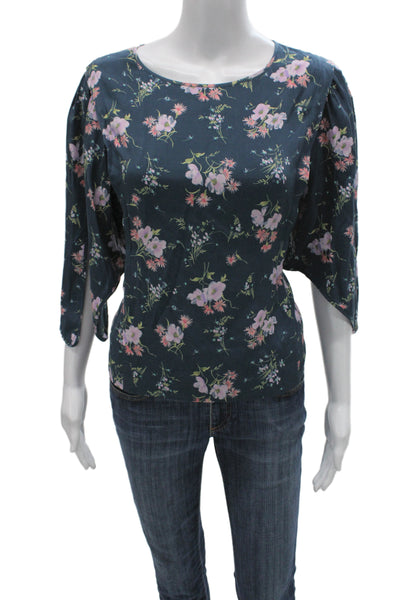 Rebecca Taylor Women Dark Blue Floral Round Neck Short Sleeve Blouse Size 4