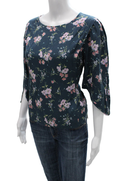 Rebecca Taylor Women Dark Blue Floral Round Neck Short Sleeve Blouse Size 4