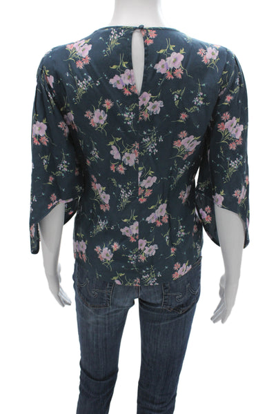 Rebecca Taylor Women Dark Blue Floral Round Neck Short Sleeve Blouse Size 4