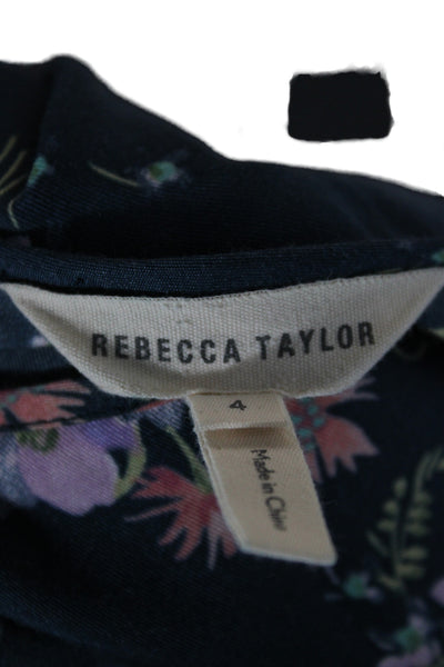 Rebecca Taylor Women Dark Blue Floral Round Neck Short Sleeve Blouse Size 4