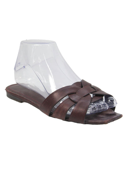 Saint Laurent Women's Open Toe Laeather Slide Sandals Burgundy Size 38.5