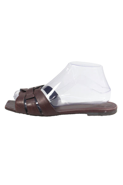Saint Laurent Women's Open Toe Laeather Slide Sandals Burgundy Size 38.5