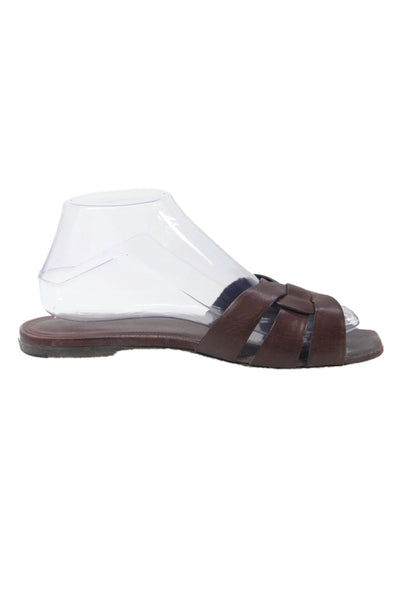 Saint Laurent Women's Open Toe Laeather Slide Sandals Burgundy Size 38.5