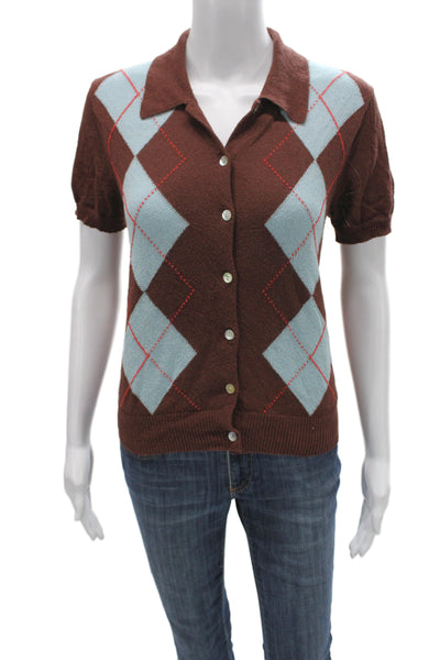 Zara Unisex Brown Argyle Collared Short Sleeve Cardigan Button Size L