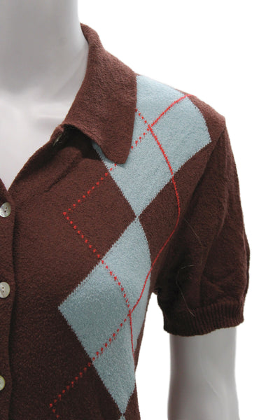 Zara Unisex Brown Argyle Collared Short Sleeve Cardigan Button Size L