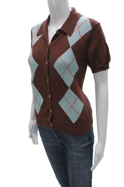 Zara Unisex Brown Argyle Collared Short Sleeve Cardigan Button Size L