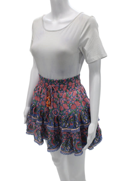 Bell Womens Peasant Floral Mini Skirt Blue Silk Cotton Size XS