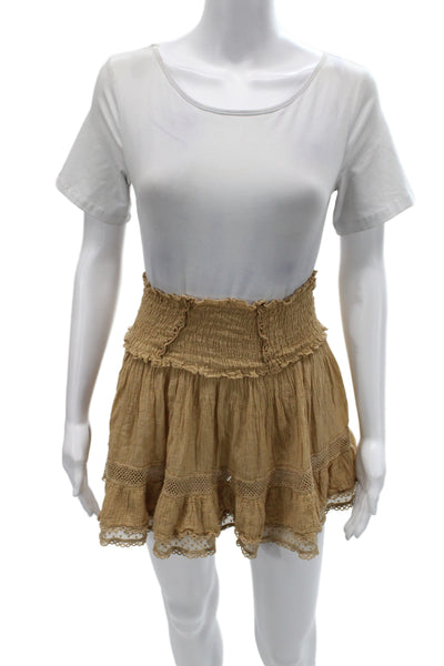 Sunday Women Peasant Mini Skirt Tan Cotton Lace Solid Size One Size