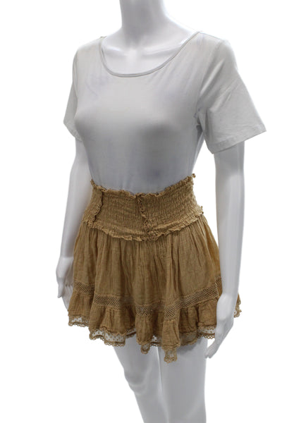 Sunday Women Peasant Mini Skirt Tan Cotton Lace Solid Size One Size