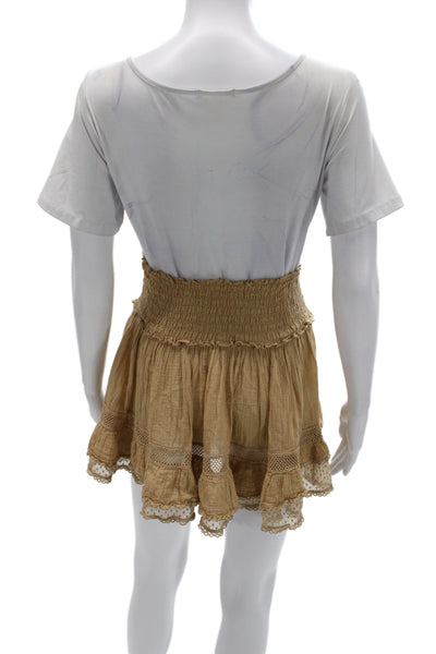 Sunday Women Peasant Mini Skirt Tan Cotton Lace Solid Size One Size