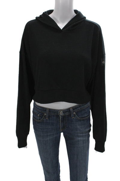 Monrow Womens Pullover Hoodie Black Cotton Denim Drawstring Long Sleeve Size XS