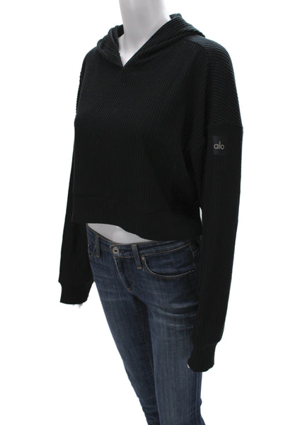 Monrow Womens Pullover Hoodie Black Cotton Denim Drawstring Long Sleeve Size XS