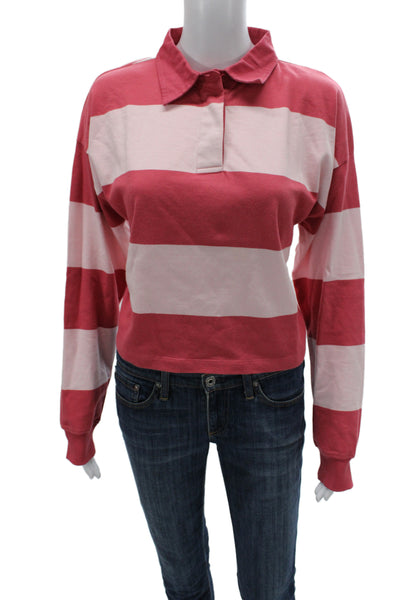 MNG Women Striped Cropped Polo Collared Cotton Long Sleeve Pink 90s Size S