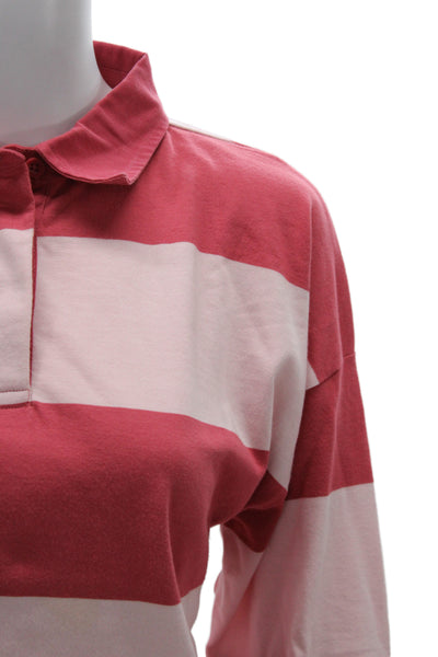 MNG Women Striped Cropped Polo Collared Cotton Long Sleeve Pink 90s Size S