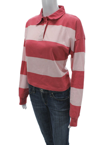 MNG Women Striped Cropped Polo Collared Cotton Long Sleeve Pink 90s Size S