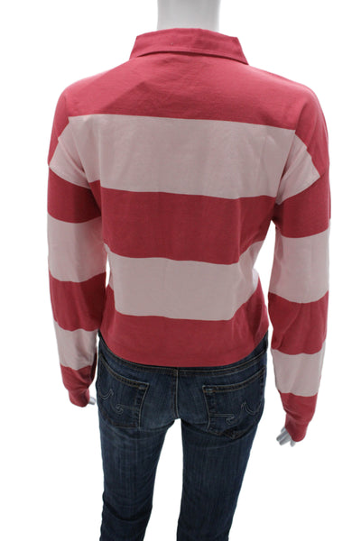 MNG Women Striped Cropped Polo Collared Cotton Long Sleeve Pink 90s Size S