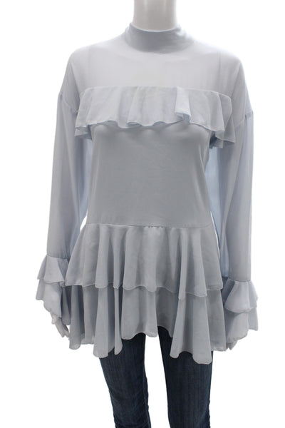 River Island Women Light Blue Boho Tunic Blouse Mock Neck Tie Longsleeve Size 8