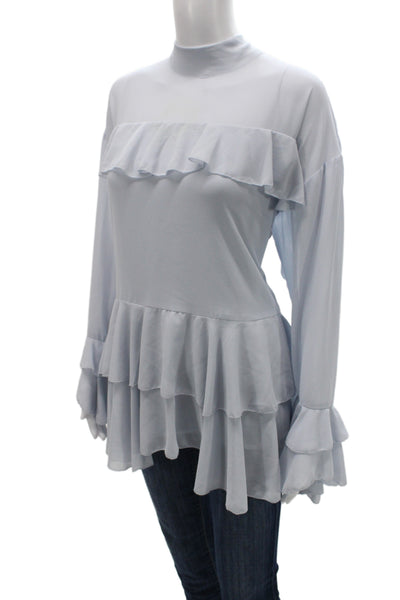 River Island Women Light Blue Boho Tunic Blouse Mock Neck Tie Longsleeve Size 8