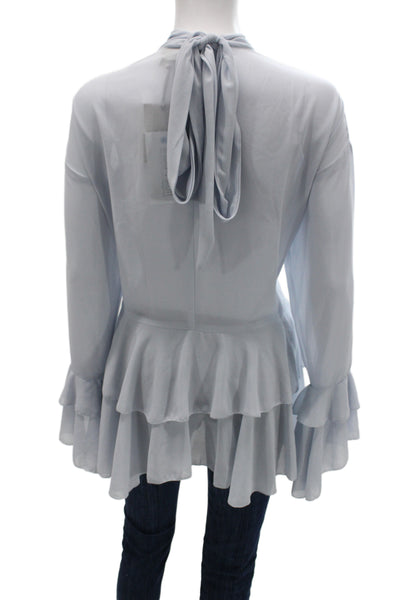 River Island Women Light Blue Boho Tunic Blouse Mock Neck Tie Longsleeve Size 8