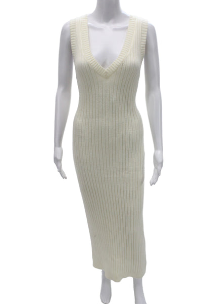 Endless Rose Women White Striped Sleeveless V Neck Sweater Midi Dress Size S
