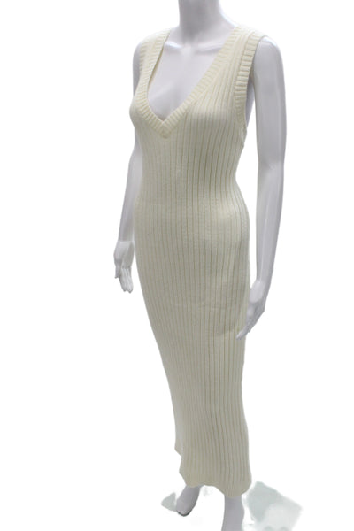 Endless Rose Women White Striped Sleeveless V Neck Sweater Midi Dress Size S